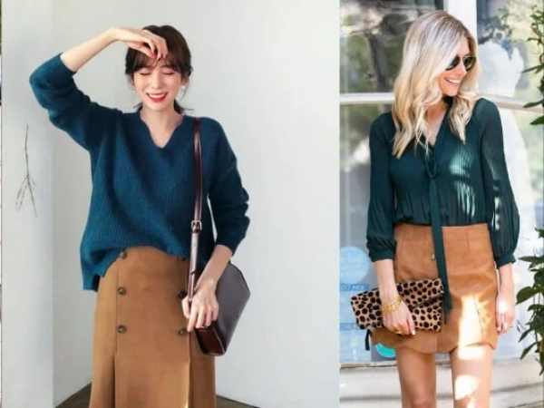 Chân váy nâu kết hợp với áo màu xanh navy 